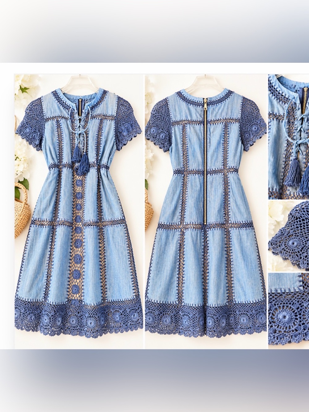 Alice + Olivia Light Blue Denim Dress with Navy Crochet Trim